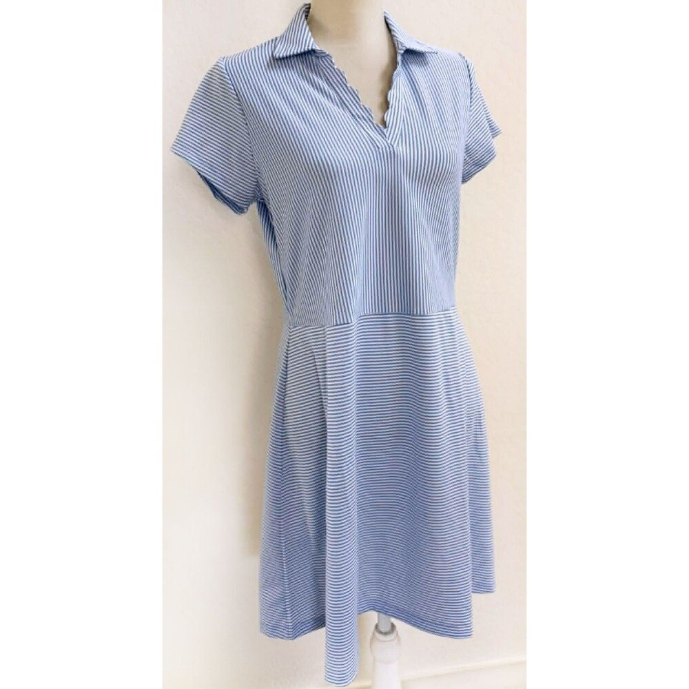 NWT RNWK Golf Polo Dress LARGE Blue White Striped Lightweight Casual Active Wear